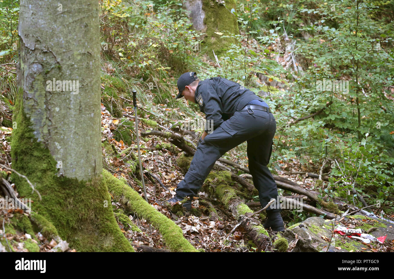 Burgsinn, Bavaria. 11th Oct, 2018. A police officer is searching a piece of woodland. In connection with the disappearance of a four-time mother thirteen years ago, police searched a forest area in Lower Franconia on Thursday morning. Credit: Karl-Josef Hildenbrand/dpa/Alamy Live News Stock Photo