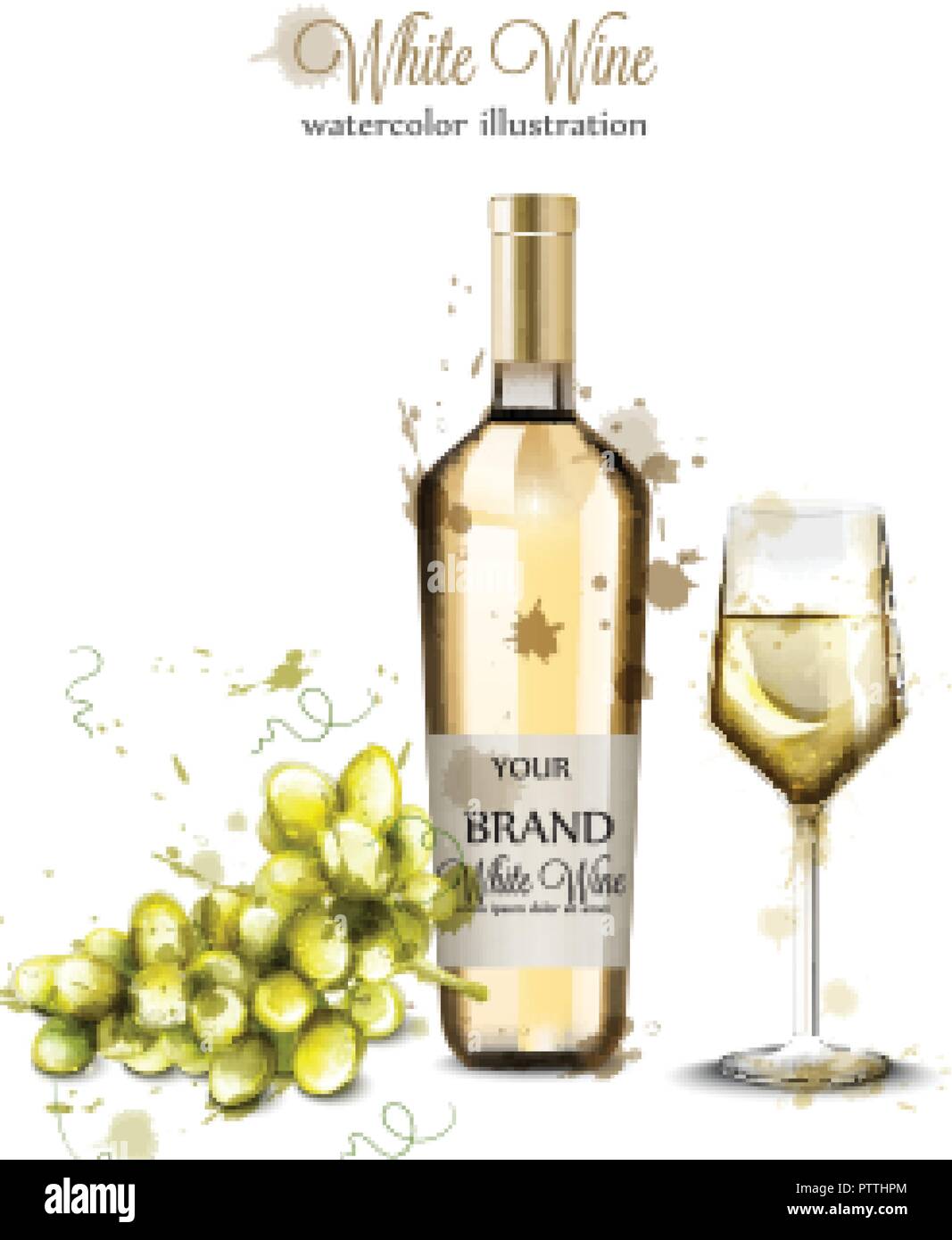Download Bottle Of White Wine And Glass Watercolor Vector Vintage Painted Style Illustration Stock Vector Image Art Alamy PSD Mockup Templates