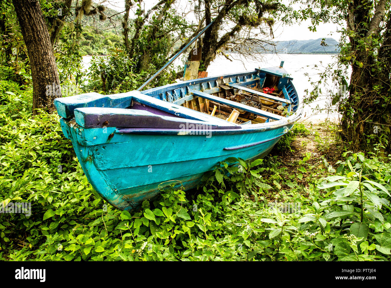 Boat on the ground at Costa da Lagoa. Florianopolis, Santa Catarina, Brazil. Stock Photo