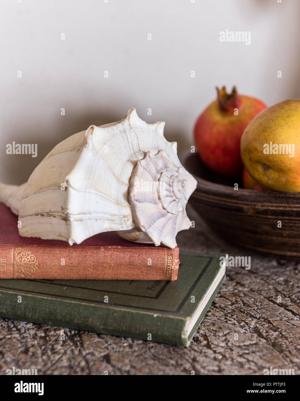 Seashell on hardbacked books with pomegranate Stock Photo
