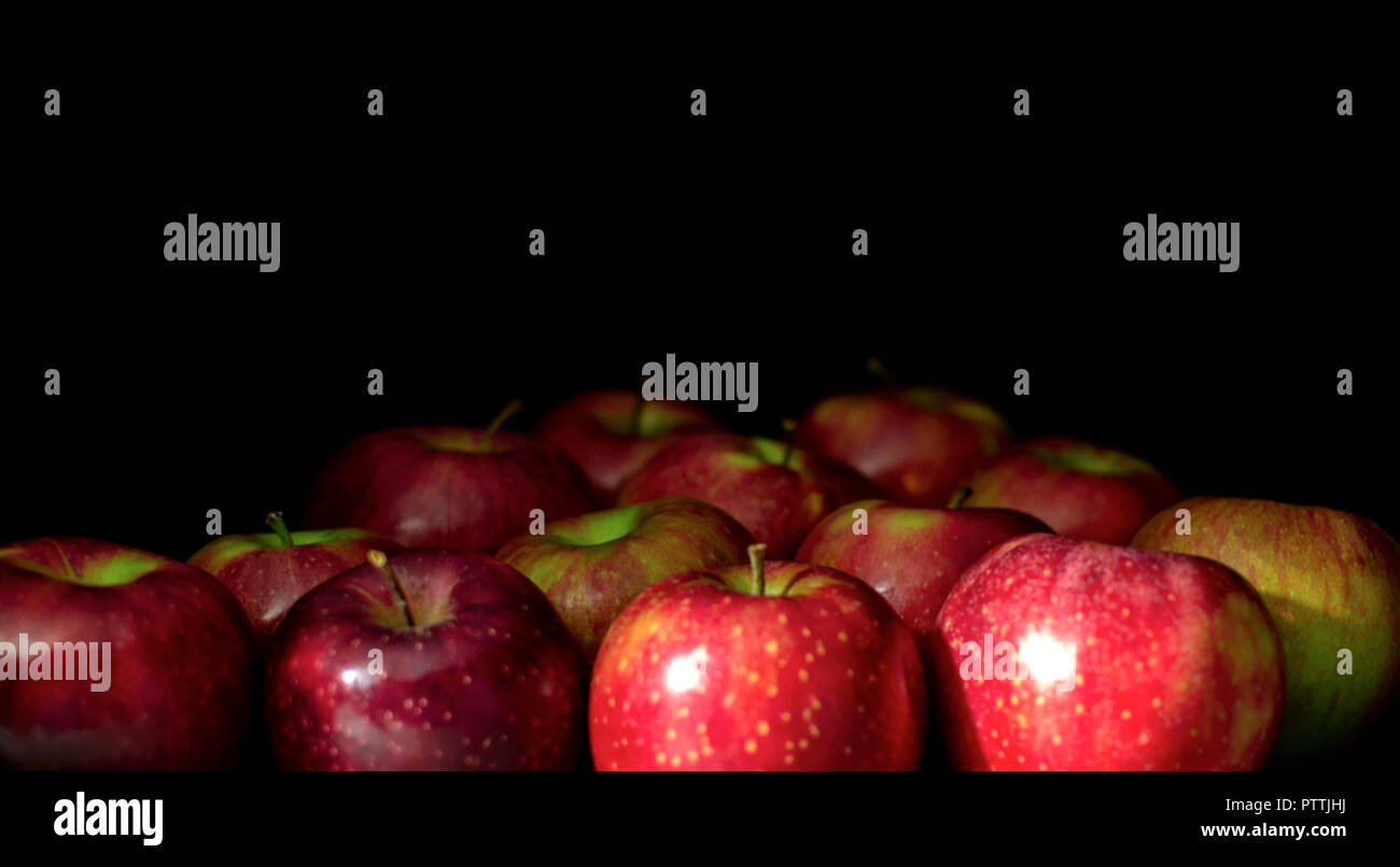 Rows of Jonagold Apples fading back into black background Stock Photo