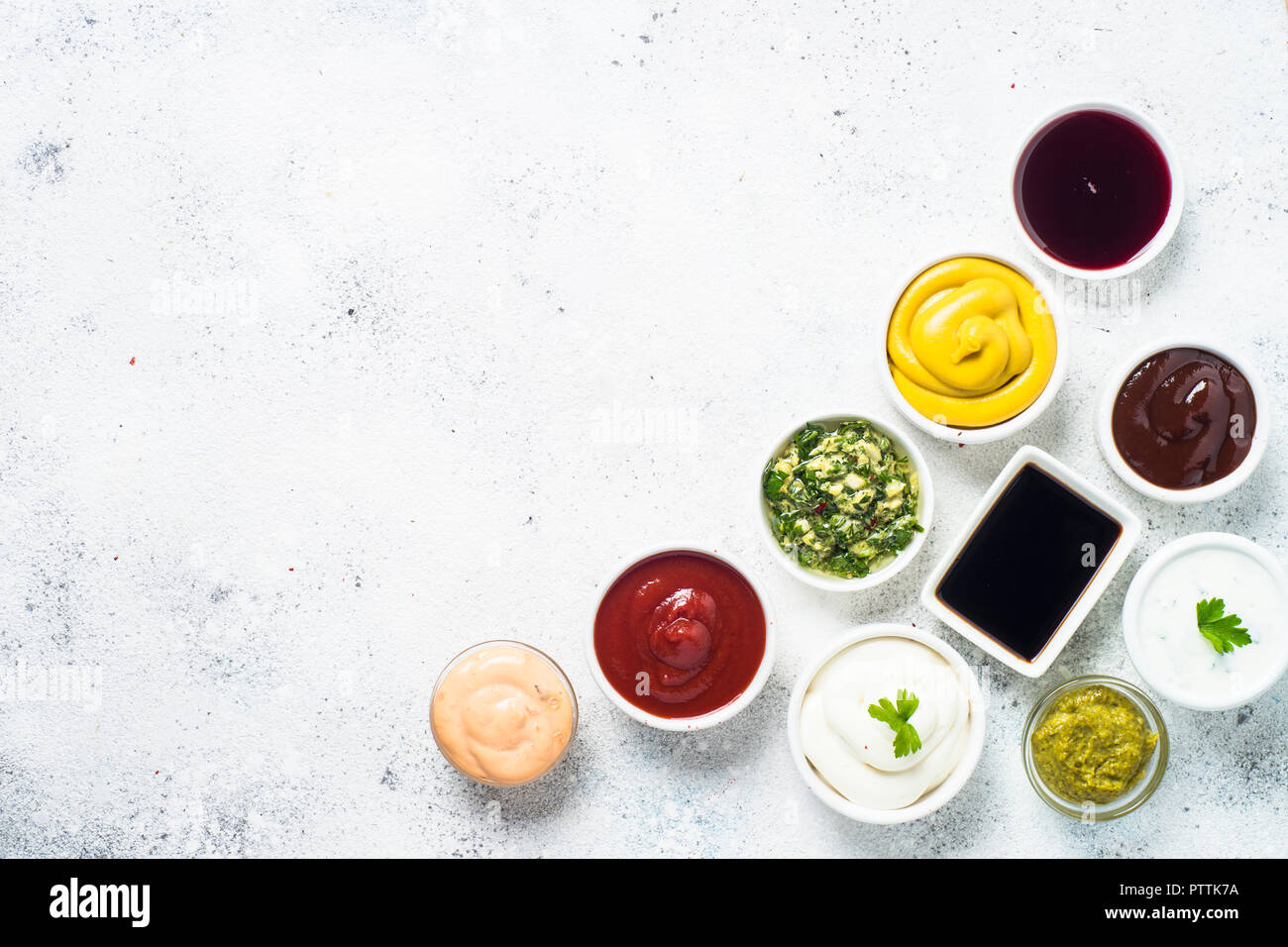 Set of sauces ketchup, mayonnaise, mustard soy sauce, bbq sauce