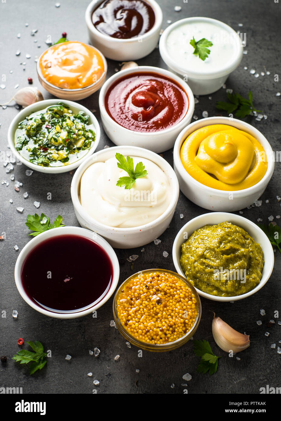 Set of sauces ketchup, mayonnaise, mustard soy sauce, bbq sauce