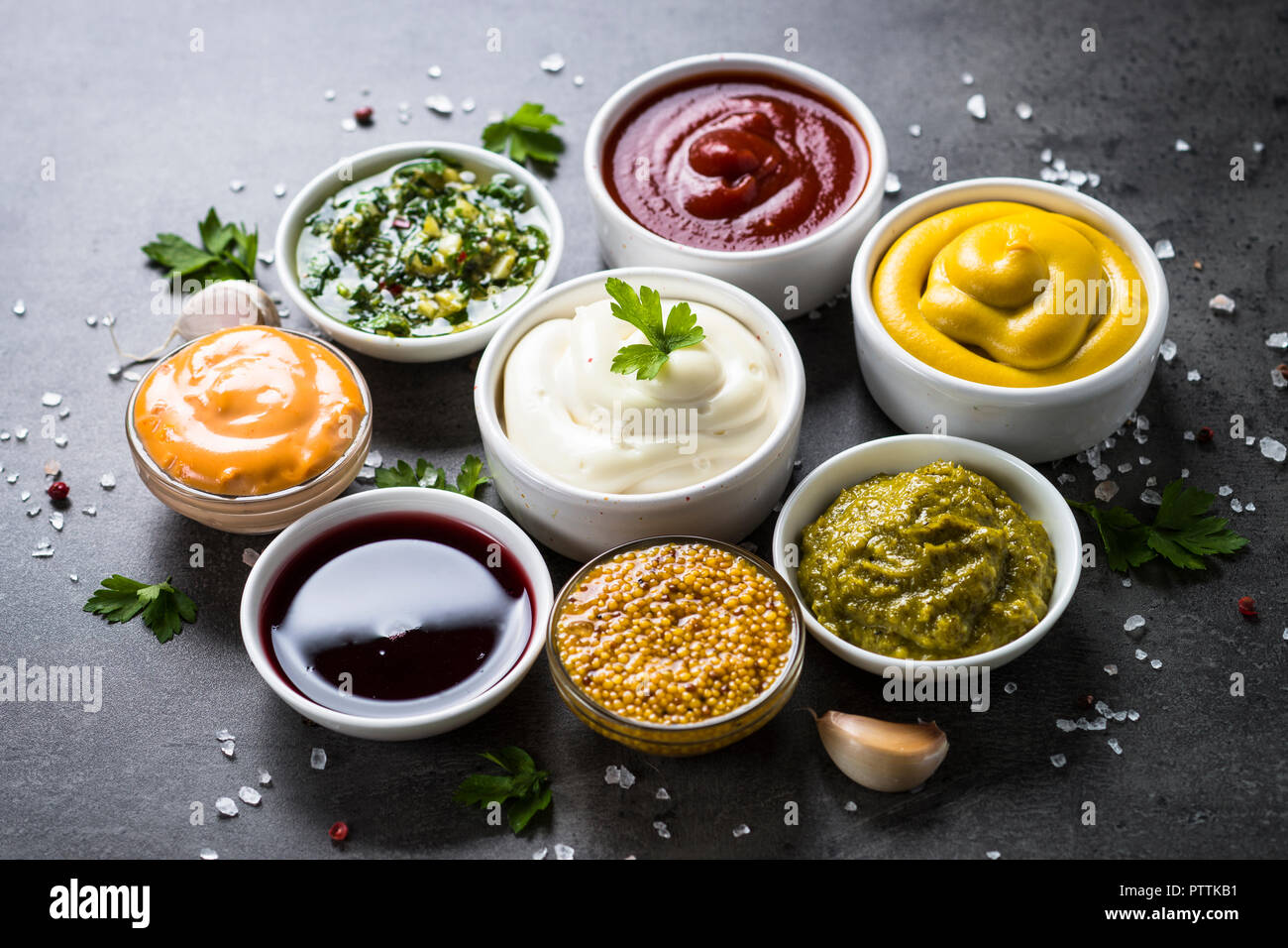 Set of sauces ketchup, mayonnaise, mustard soy sauce, bbq sauce