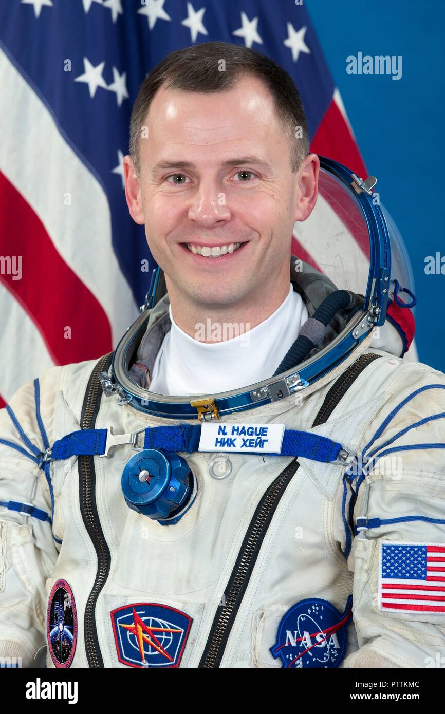 Expedition 57 crew member Nick Hague of NASA portrait in the Sokol launch and entry suits at the Gagarin Cosmonaut Training Center November 16, 2017 in Star City, Russia. International Space Station Expedition 57 crew Nick Hague of NASA and Alexey Ovchinin of Roscosmos are scheduled to launch on October 11th and will spend the next six months living and working aboard the International Space Station. Stock Photo