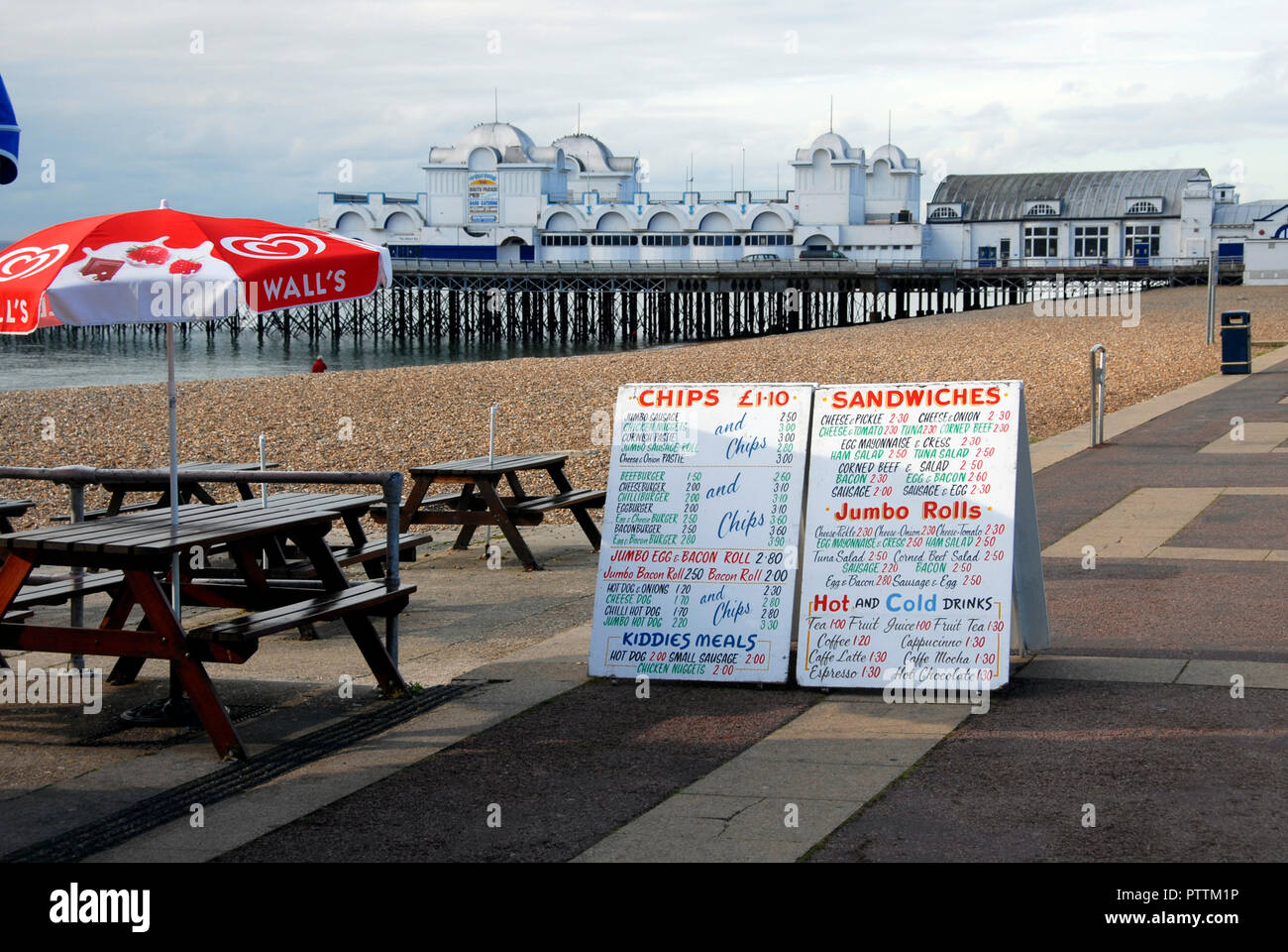 Seaside cafe with price list, Southsea, Portsmouth, Hampshire, England, out of season Stock Photo