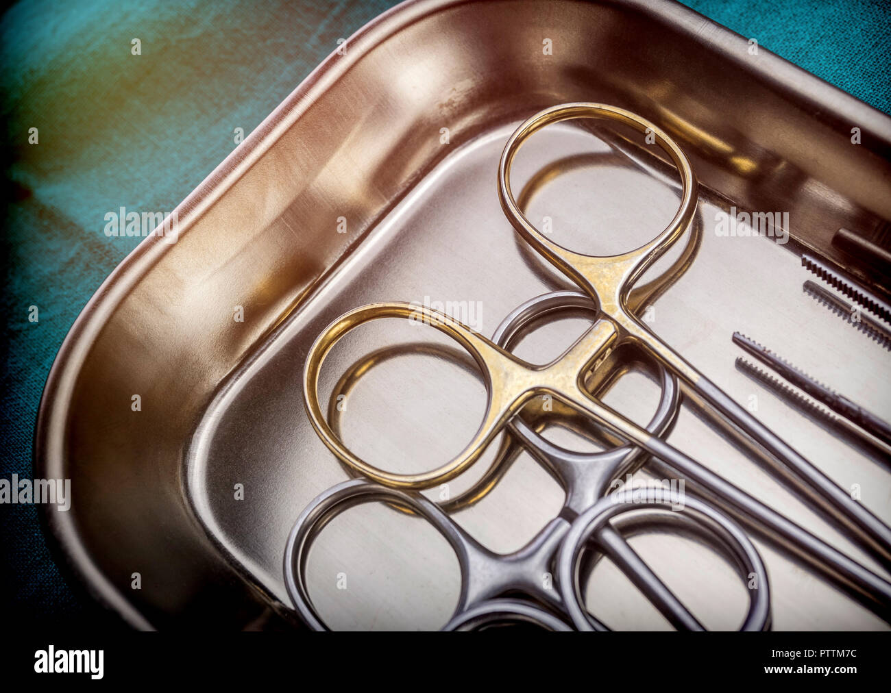Several scissors for surgery in operating room of a hospital, conceptual image Stock Photo