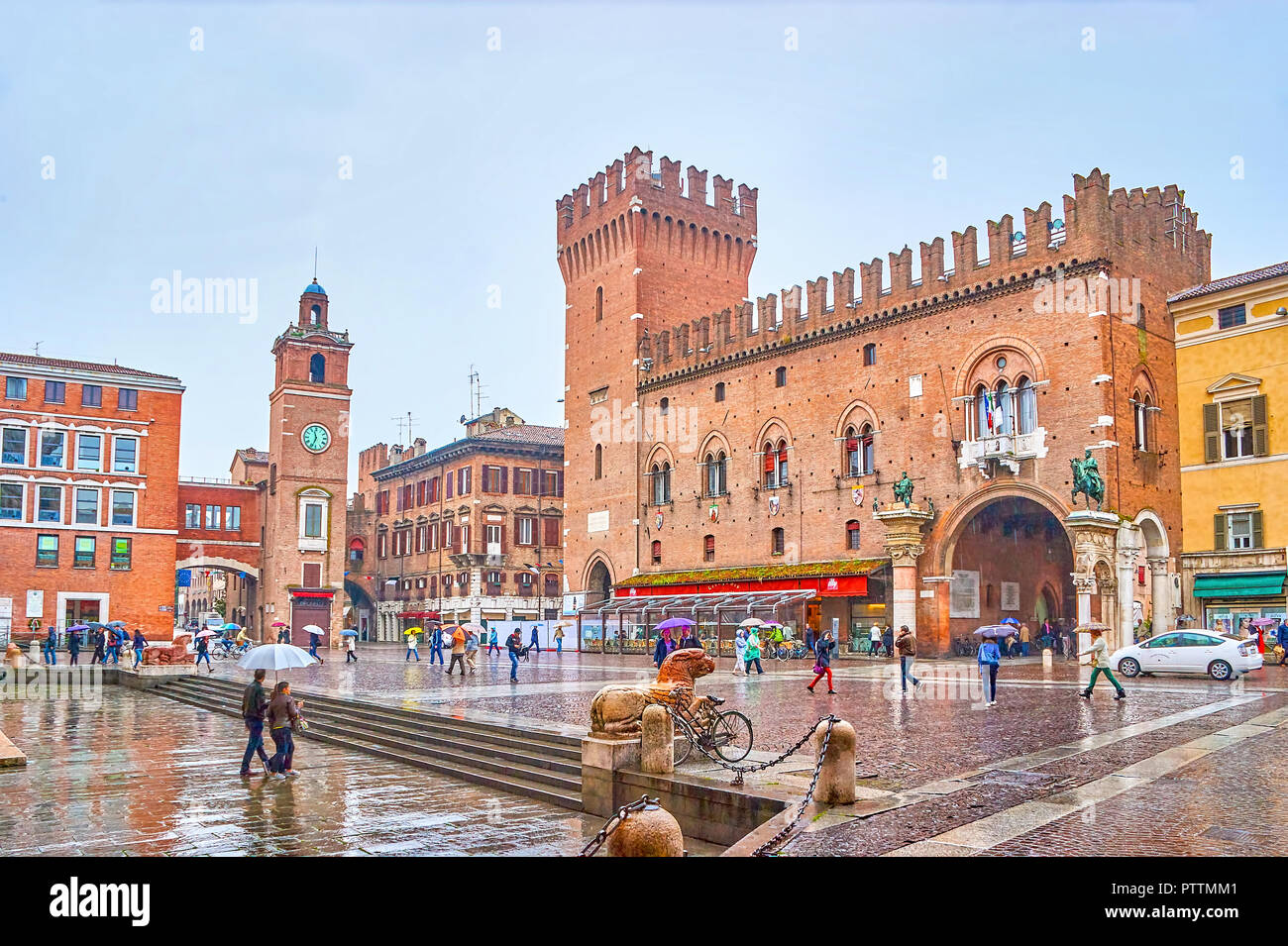 FERRARA, ITALY - APRIL 30, 2013: Piazza della Cattedrale is the central sqaure in the city with main tourist landmarks on it, on April 30 in Ferrara Stock Photo