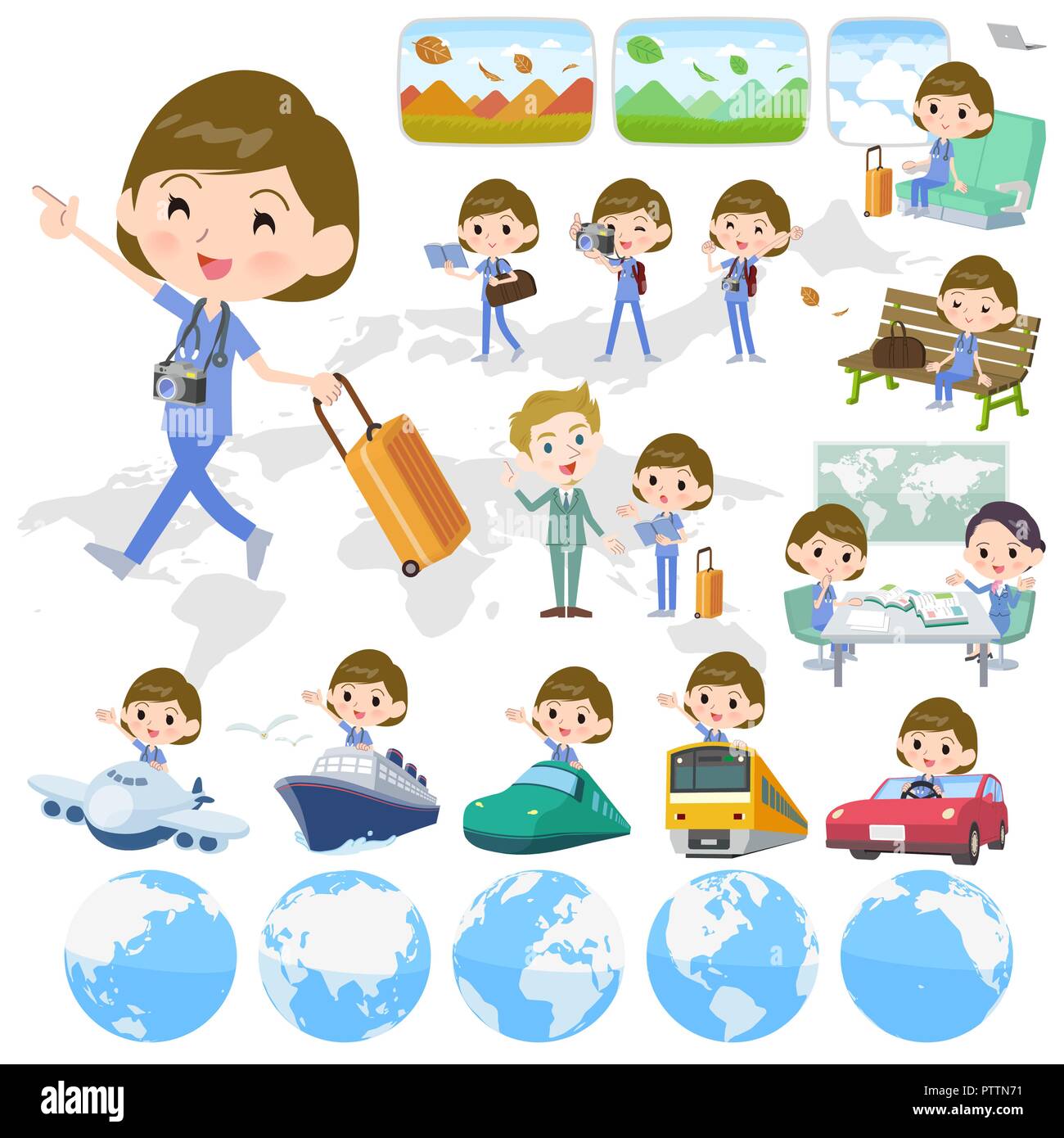 A set of Surgical Doctor women on travel.There are also vehicles such as boats and airplanes.It's vector art so it's easy to edit. Stock Vector