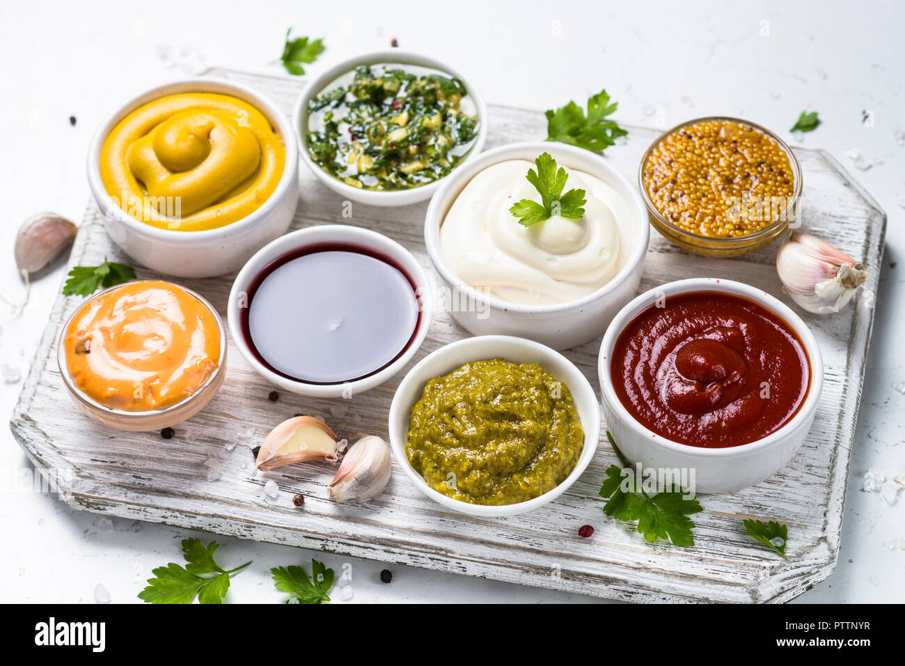 Set of sauces ketchup, mayonnaise, mustard soy sauce, bbq sauce