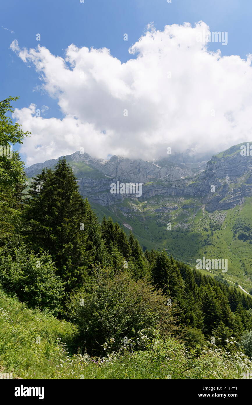 Meadows valleys and mountains from a footpath trail in the forests around Col de la Forclaz France Stock Photo
