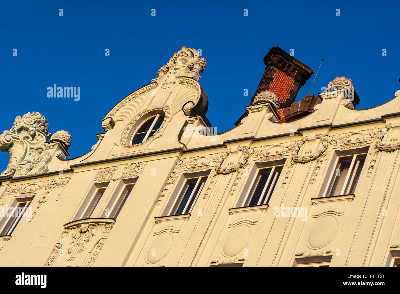 Art nouveau buildings detail roof along Masarykovo nábř.,, Prague ...