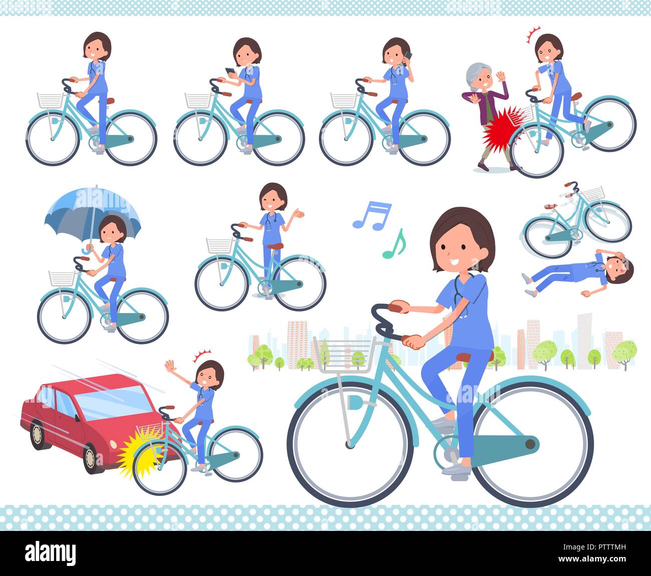 A set of Surgical Doctor women riding a city cycle.There are actions on manners and troubles.It's vector art so it's easy to edit. Stock Vector