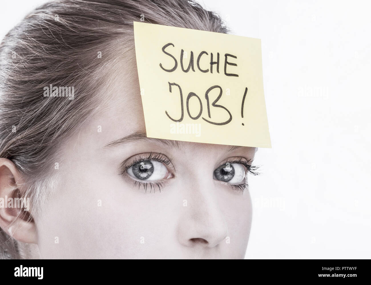 Frau Mit Zettel Auf Stirn Suche Job Model Released Stock Photo Alamy