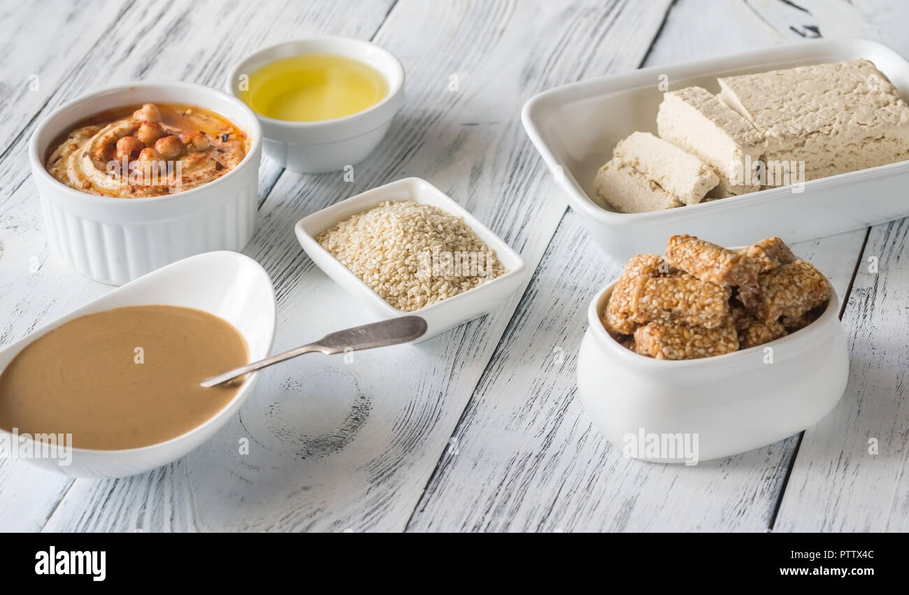 Assortment of sesame seed food Stock Photo Alamy