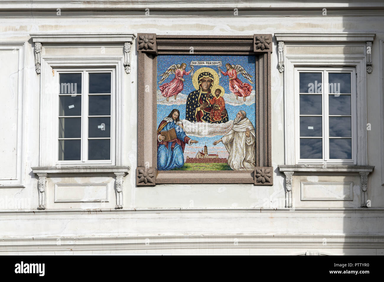 A copy of the miraculous image of Our Lady of Częstochowa on the wall of the Pauline Fathers monastery. Mozaika Matka Boska Częstochowska, Jasna Góra Stock Photo