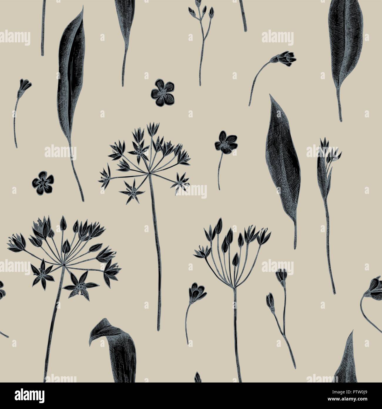 Vector seamless pattern of wild garlic. Hand drawn vector illustration Stock Vector
