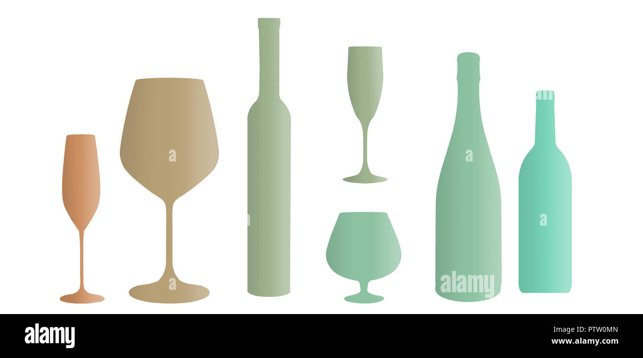Liquor bottles and glassware are seen silhouetted in color in this background illustration.  This is an illustration. Stock Photo