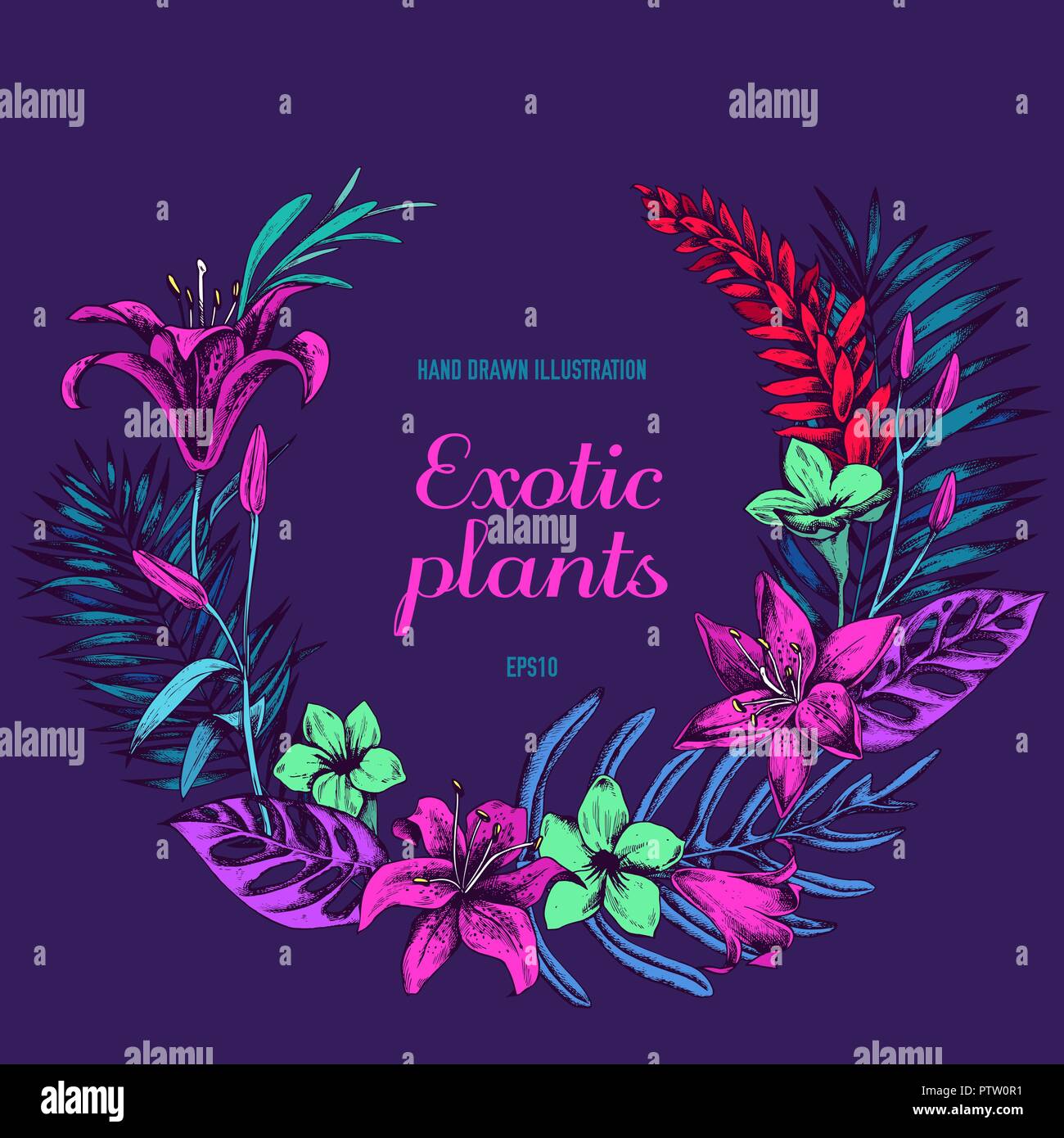 Floral Wreath of Exotic Plants Hand drawn vector illustation Stock Vector