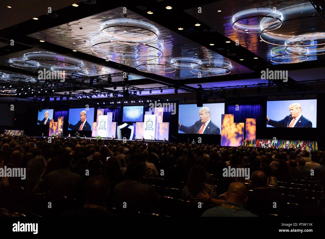 U.S President Donald Trump addresses the International Association of Chiefs of Police and Law Enforcement Convention at the Orange County Convention Center October 8, 2018 in Orlando, Florida. Stock Photo