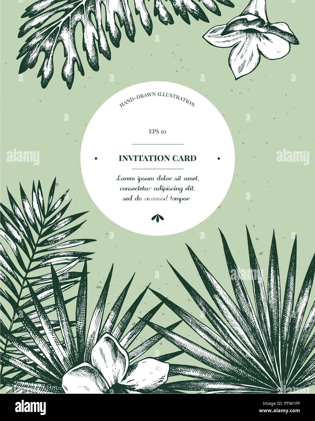 Invitation card design with exotic plants. Hand drawn highly detailed vector illustration Stock Vector