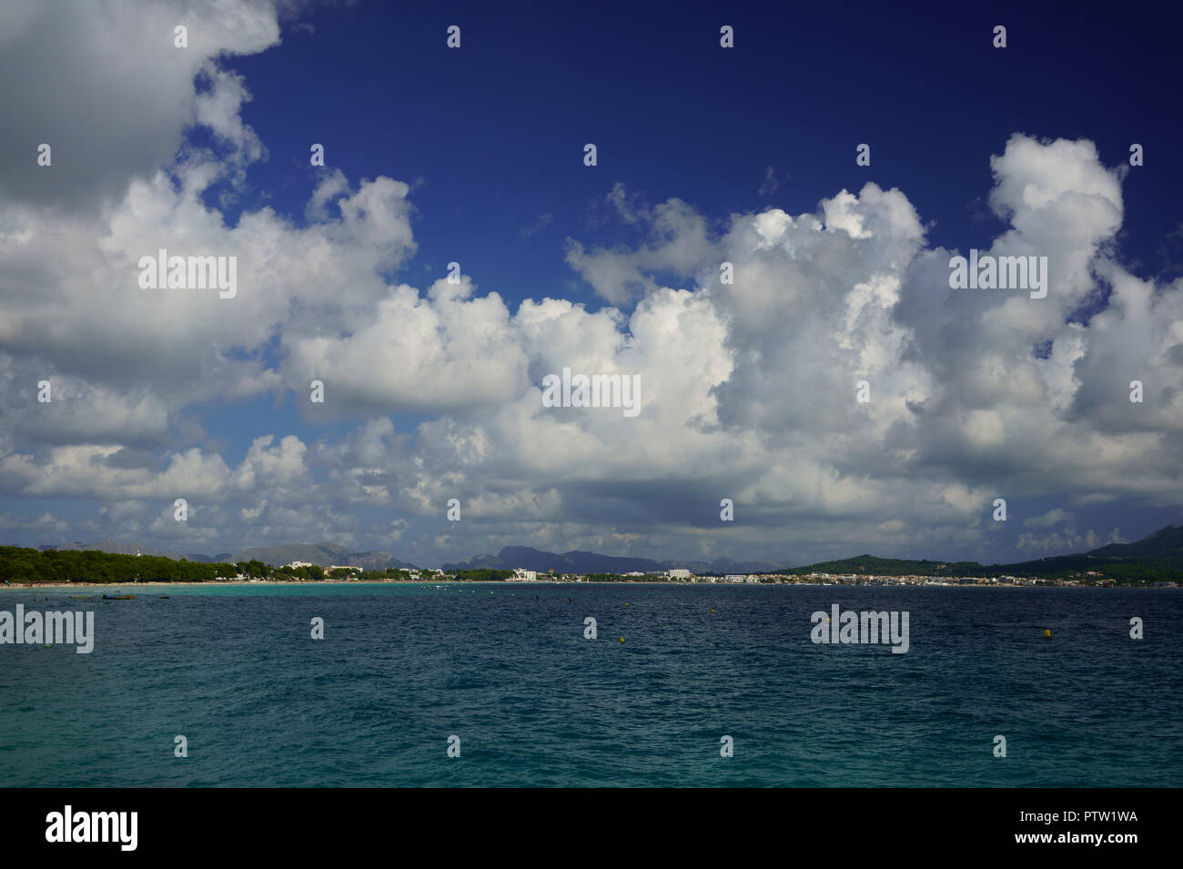 Panoramic view of the Bay of Alcudia, Playa de Muro, Alcudia Beach and Port d'Alcudia, Mallorca, Spain. Stock Photo