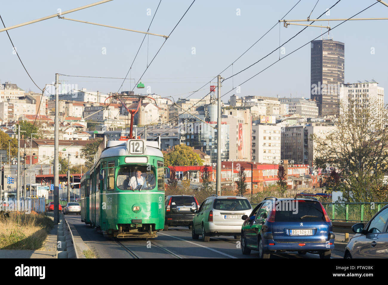 Belgrade cityscape - view of the Old Town (Stari Grad) and an old green tram. Stock Photo