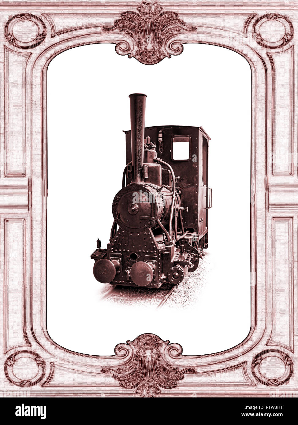 Narrow gauge industrial steam inside vintage frame, sepia