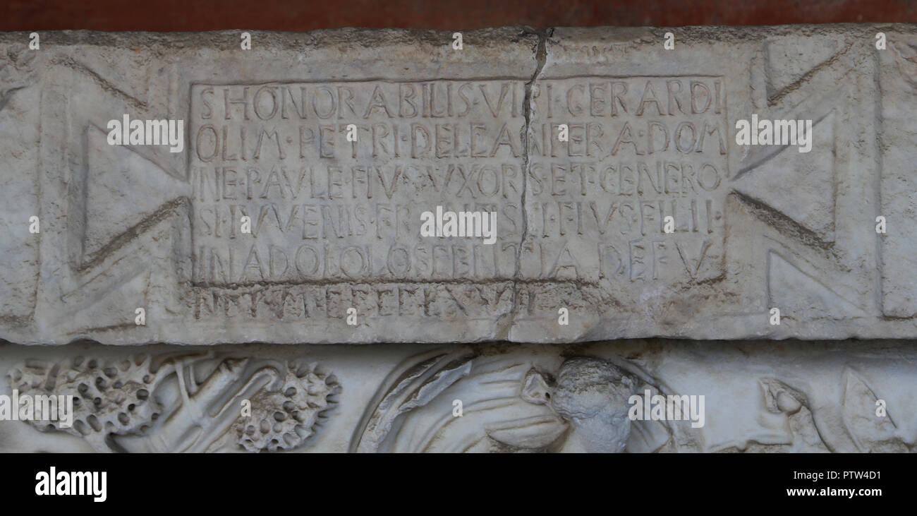 Italy. Pisa. CampoSanto. Roman sarcophagus of Myth of Selene and Endymion. c.190 CE. Marble. Detail inscription in latin. Stock Photo