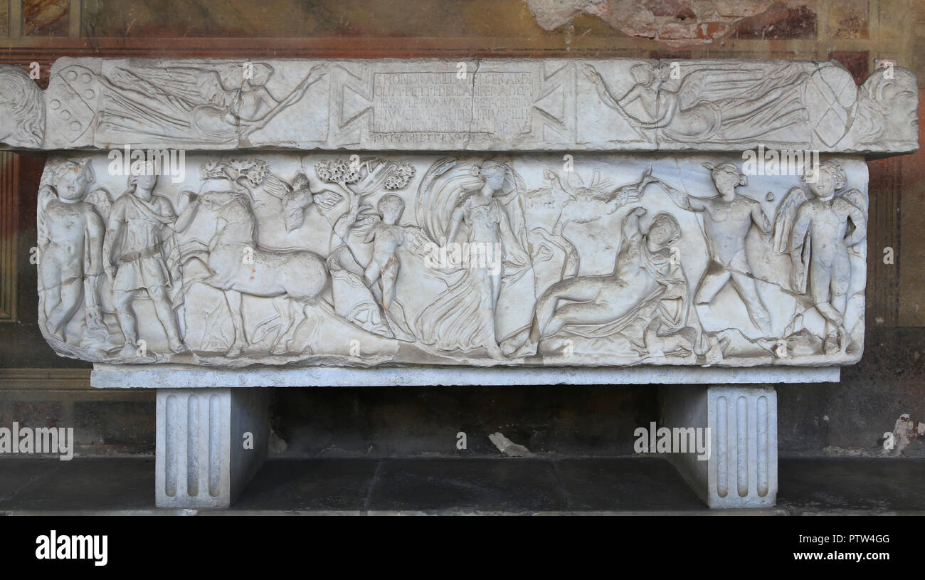 Italy. Pisa. CampoSanto. Roman sarcophagus. Relief: Myth of Selene and Endymion. c.190 CE. Marble. Front panel. Stock Photo