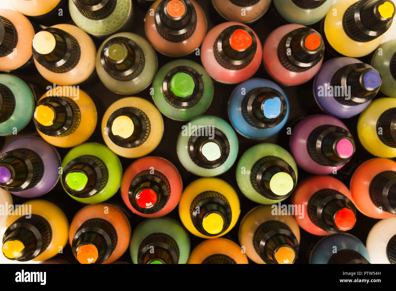 Bottles with color paints in plastic bottles, flat lay Stock Photo Alamy