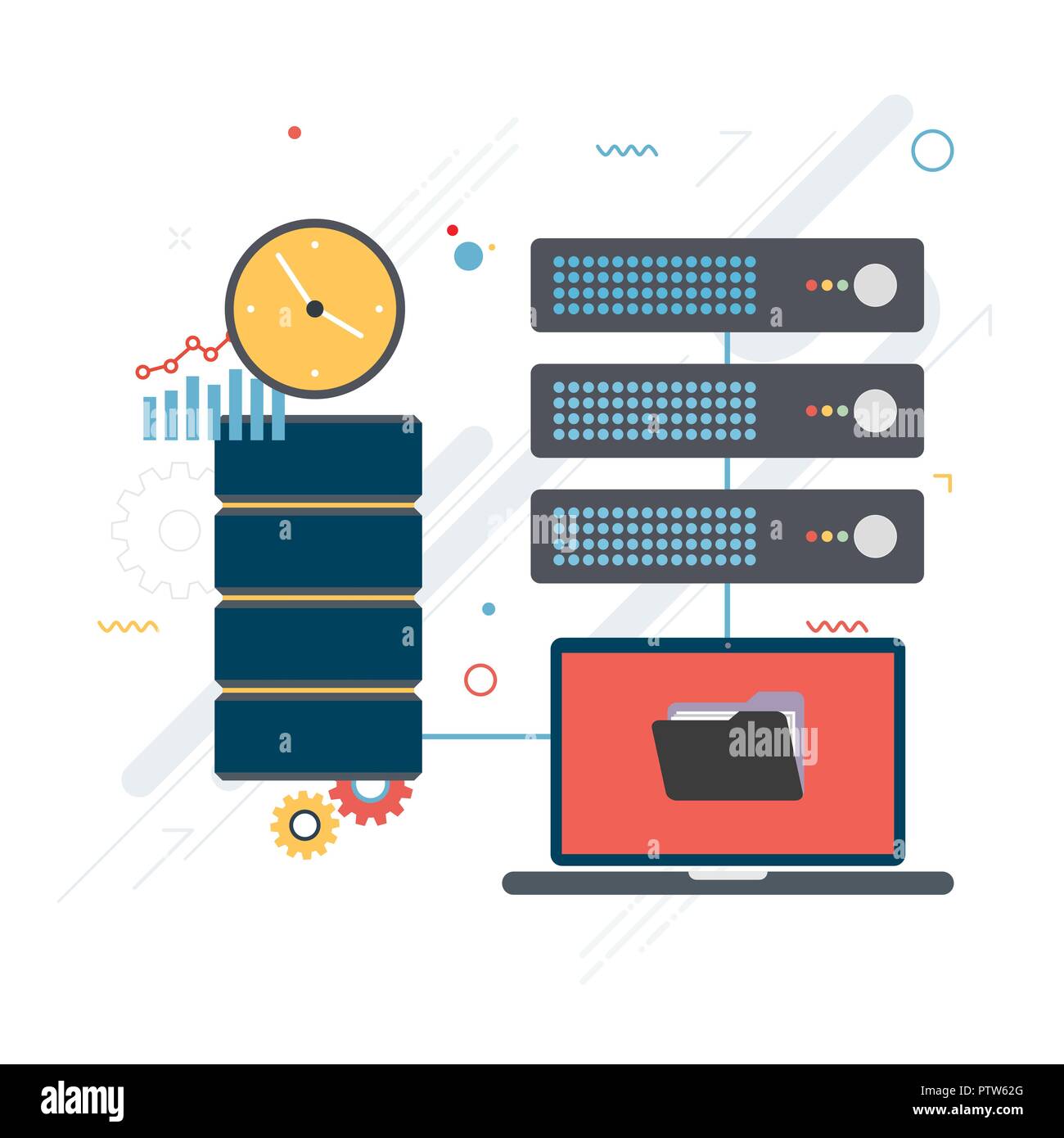 Flat design concepts for shared data, documents, videos and photos.Internet computer users download files safely. Vector design shape blue background. Stock Vector