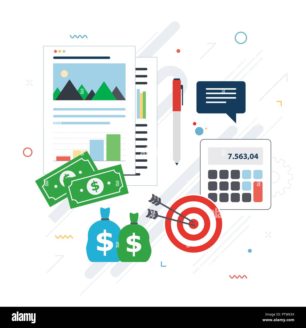 Financial chart of growth and profits.Target icon, calculator, data