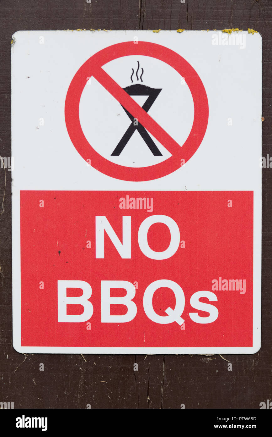 No BBQs sign white text on red background with barbecue symbol on red circle. Stock Photo