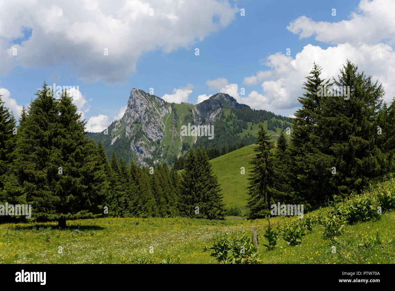 Landscape view of a valley and mountain from one of the trails around Montmin above Lake Annecy France Stock Photo