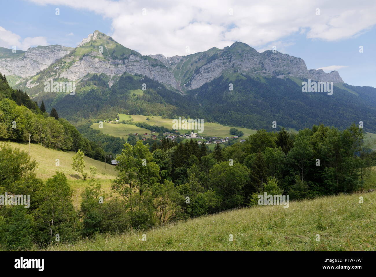 Landscape view of Montmin nestled in the valley below Col de la Forclaz France Stock Photo