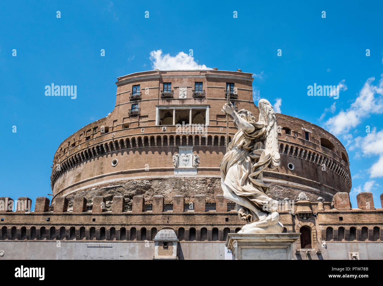view of Castel Sant'Angelo with the angel statue with the lance,  by 17th century Italian Baroque sculptor  Domenico Guidi, Rome, Italy Stock Photo