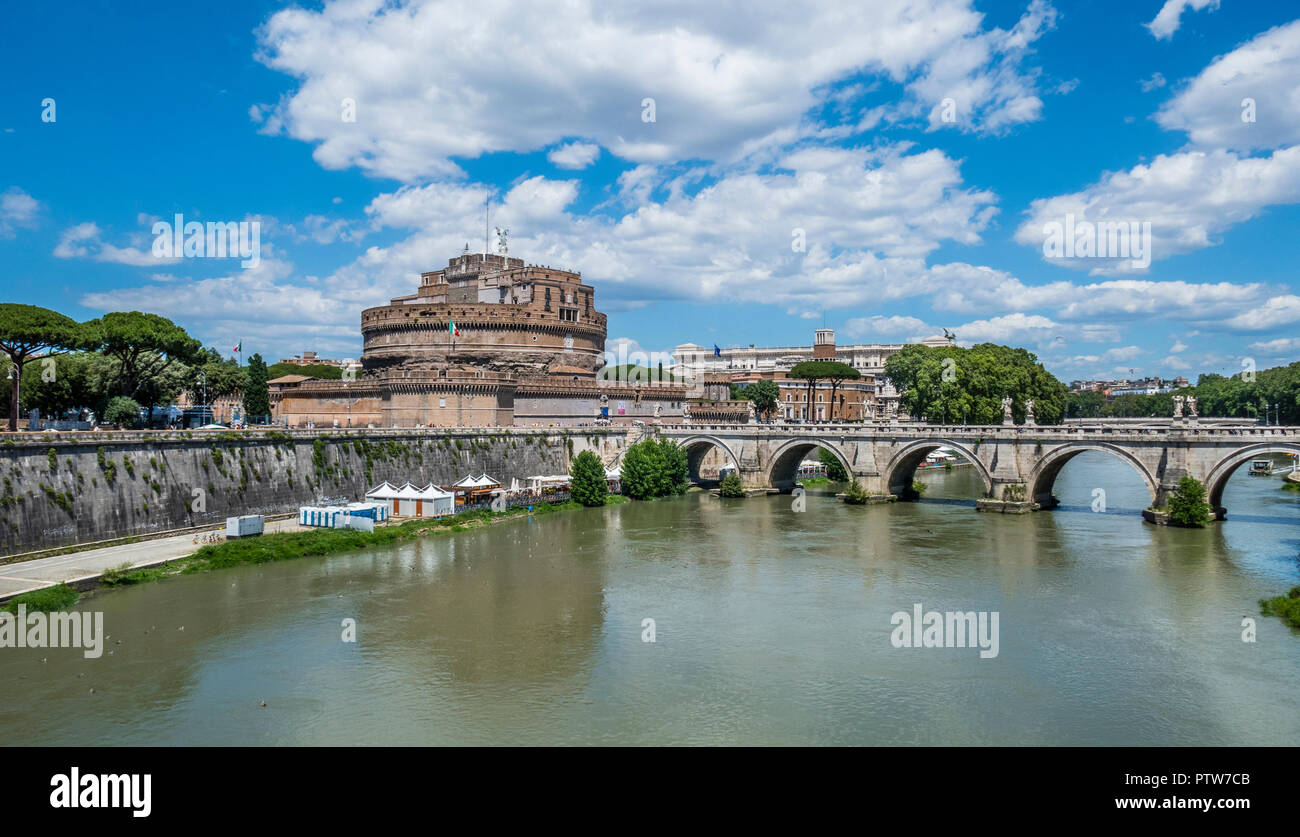 view of Ponte Sant'Angelo the Tiber River and Castel Sant'Angelo, the Mausoleum of Hadrian, Rome, Italy Stock Photo