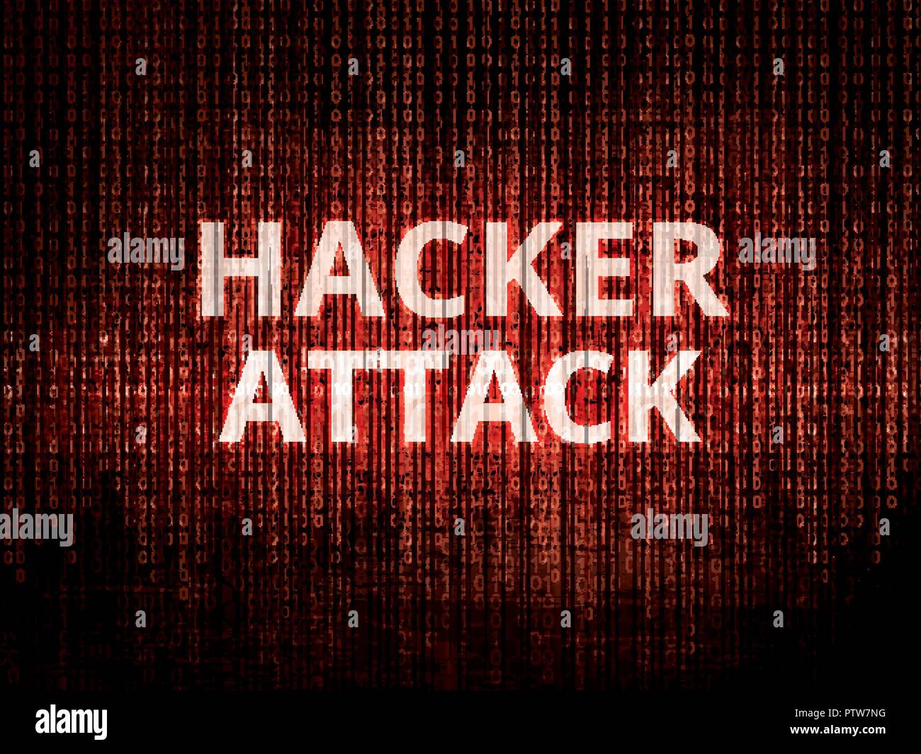 Text hacker attack on background with binary encoding in red.  Concept of invasion of privacy, hacker attack, computer attack by virus, ransomware, ma Stock Vector