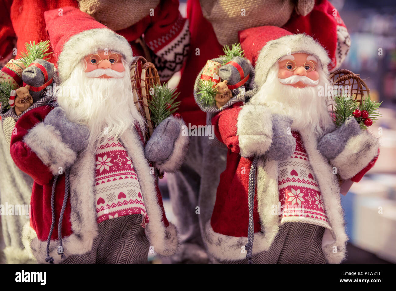 Christmas Decoration With Two Santa Claus Figurines Vintage Filter Effect Christmas Decoration With Two Santa Claus Figurines Vintage Filter Effect