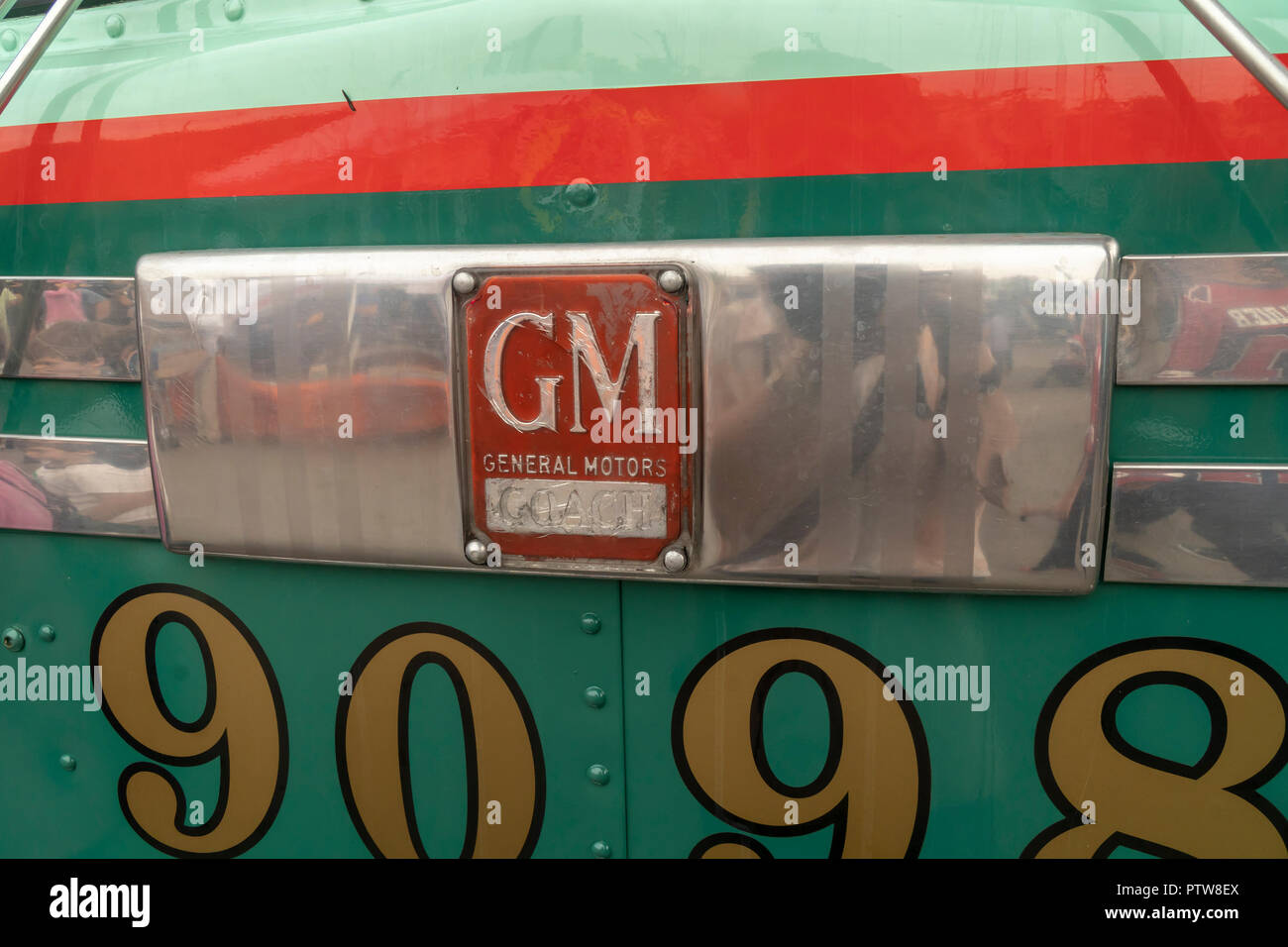 GM Coach Division logo on a bus at the 25th Annual New York City Transit Museum Bus Festival in Brooklyn Bridge Park in Brooklyn in New York on Sunday, October 7, 2018. Once a year the museum rolls out its fleet of vintage buses dating from the early 20th century to the most current vehicles allowing people to reminisce and wallow in nostalgia for the vehicles, which become a sort of time machine taking visitors back to another era. (Â© Richard B. Levine) Stock Photo