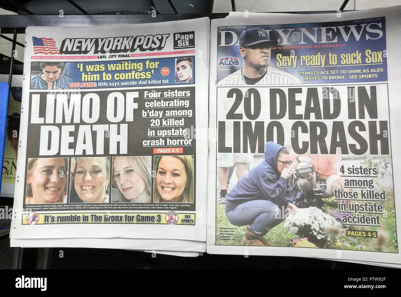 Front pages on Monday, October 8, 2018 of the New York Daily News and the New York Post report on the October 6 vehicular accident in Schoharie, NY which took the lives of 20 people, including four sisters. (Â© Richard B. Levine) Stock Photo