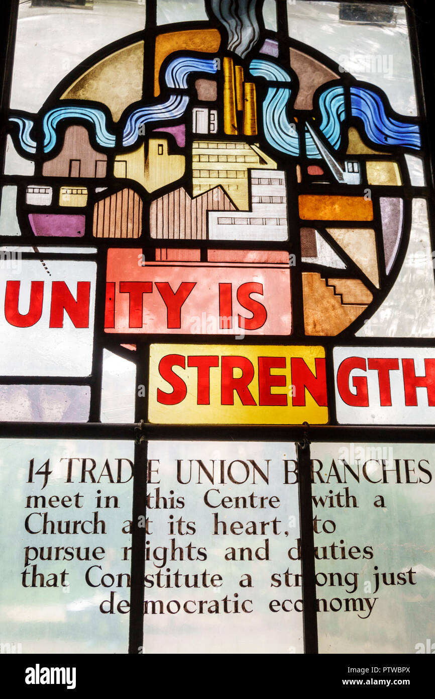 London England,UK,Southwark,Christ Church,Anglican church,stained glass window,community subject matter,modern,trade unions,UK GB English Europe,UK180 Stock Photo
