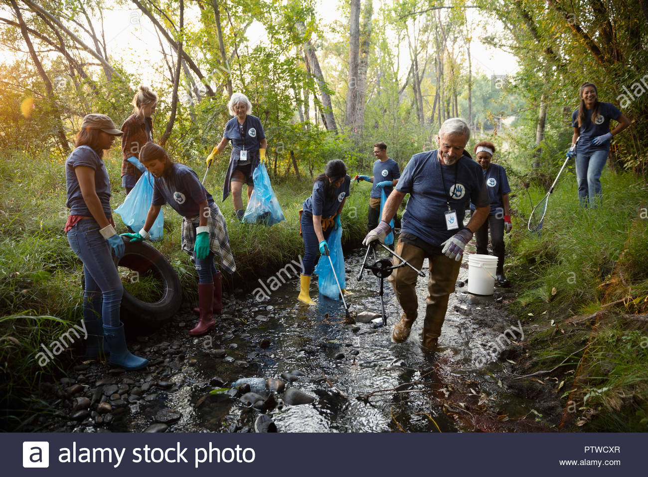 People volunteering, cleaning up garbage in stream Stock Photo