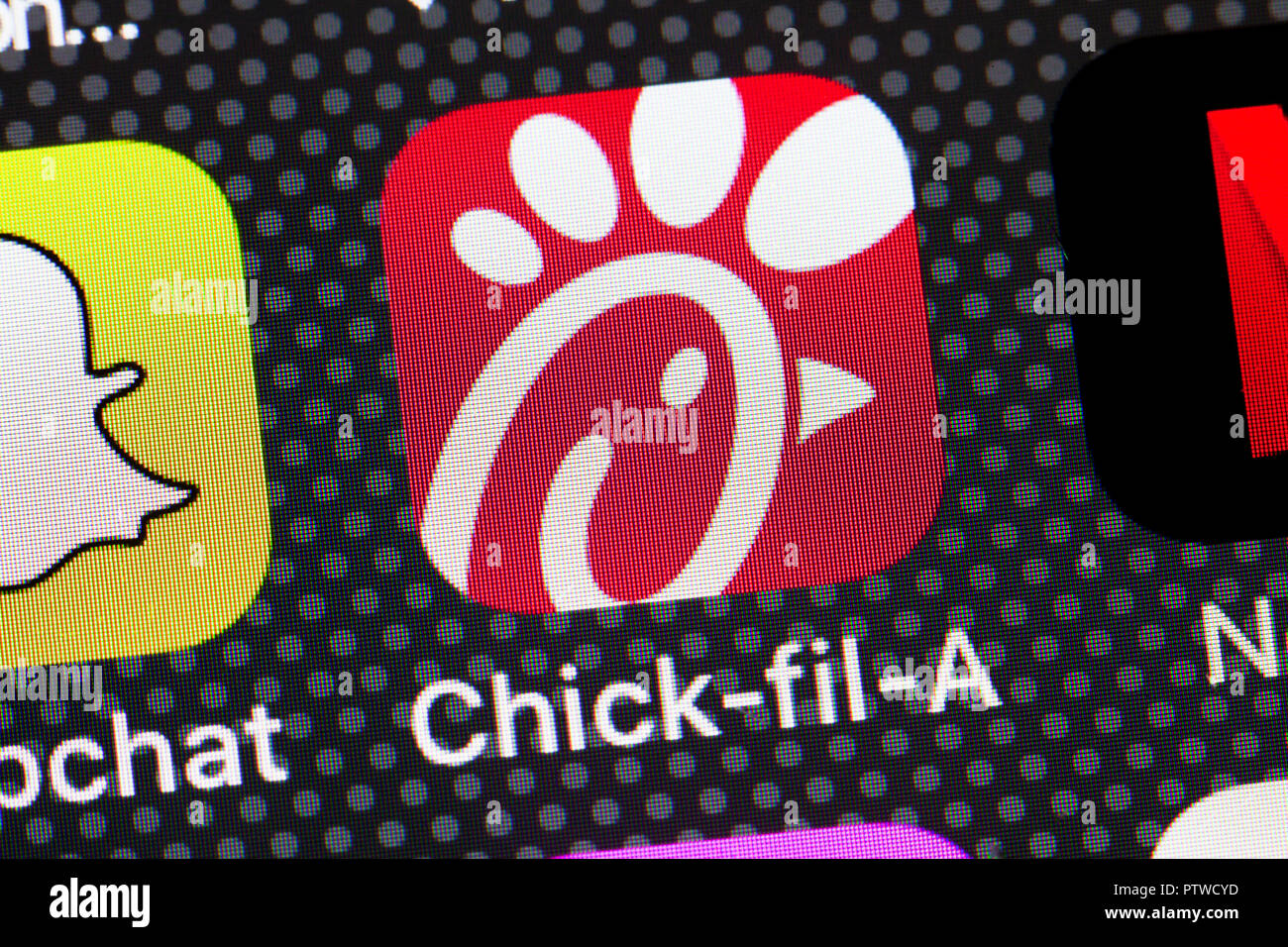 Chick-fil-A app icon on iPhone (close up, macro) - USA Stock Photo