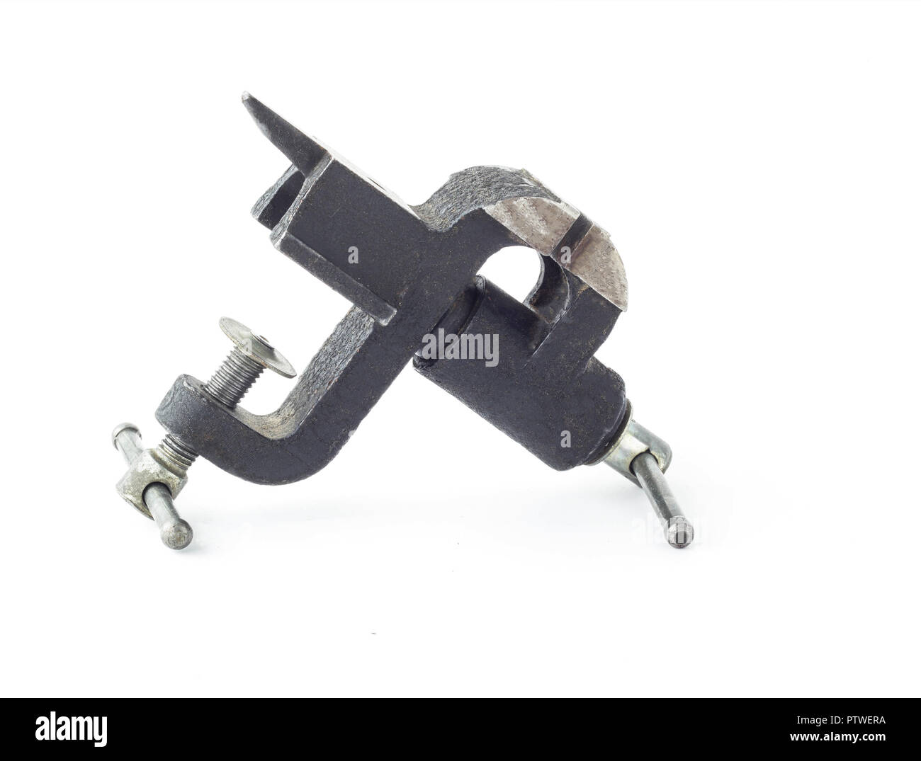 Small black desktop vise, close-up, isolate, scavenger's daughter Stock ...