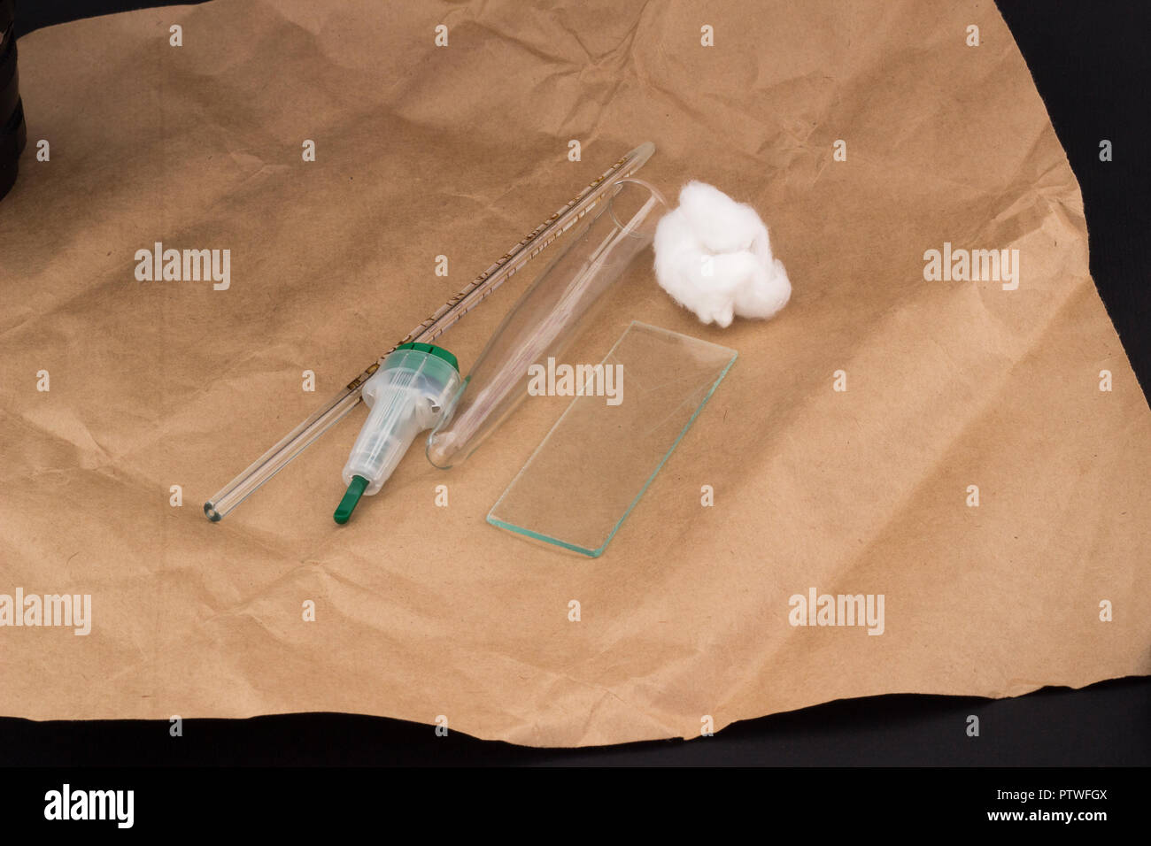 Finger blood collection set, lancet and test tube, blood test Stock