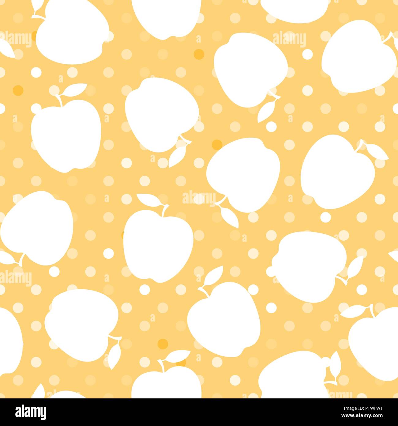 Apple white silhouette on a yellow polka dot. Seamless pattern. Vector illustration. Stock Vector
