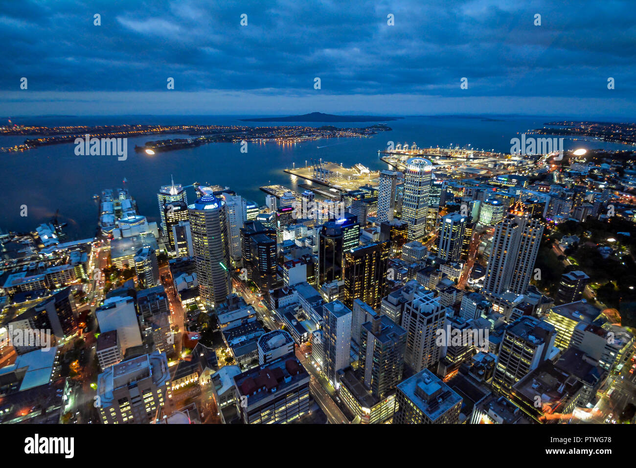 Auckland skyline night time view from Auckland Sky Tower in the capitol of New Zealand Stock Photo