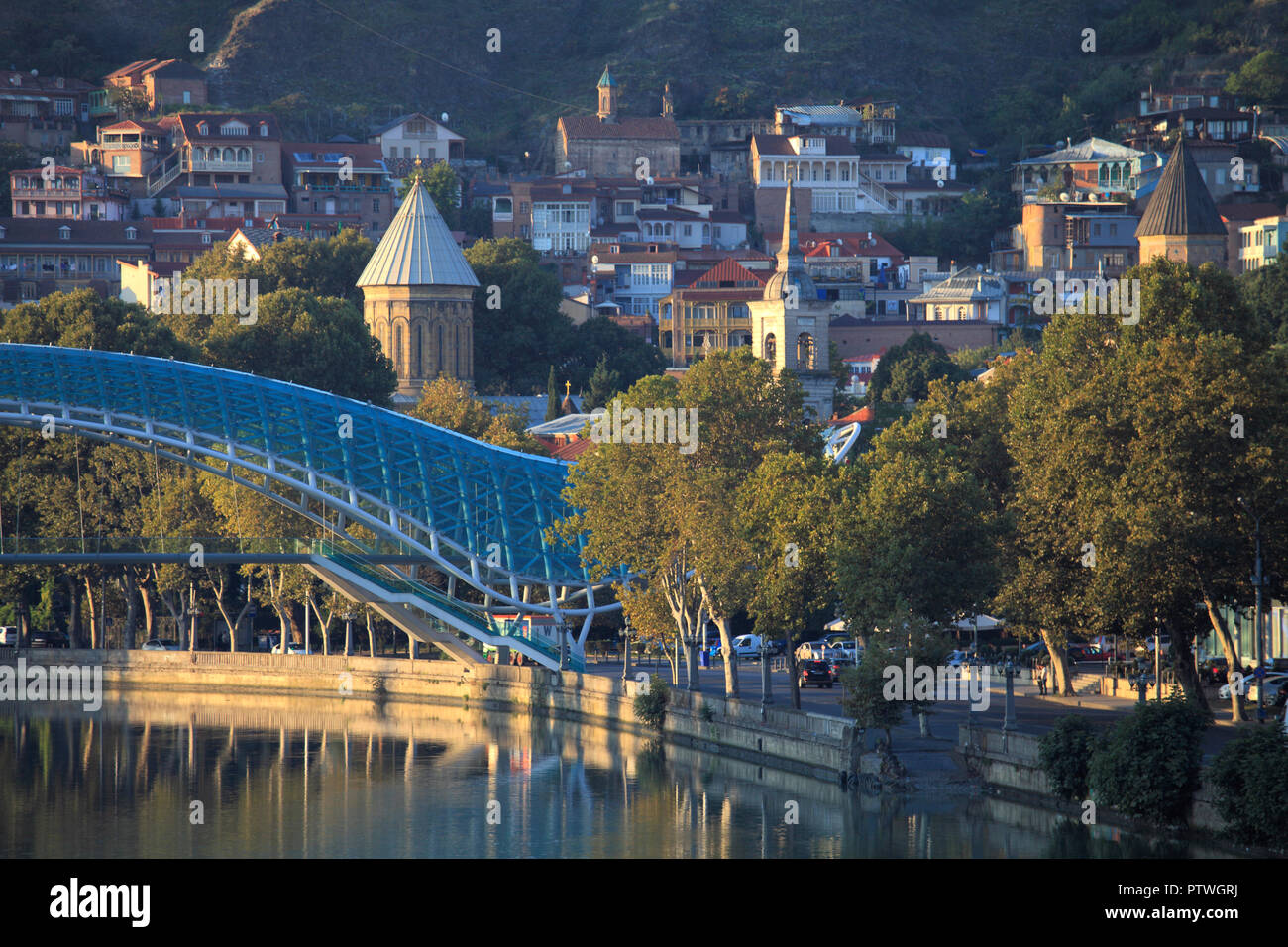 Georgia, Tbilisi, skyline, Peace Bridge, Mtkvari River, Stock Photo